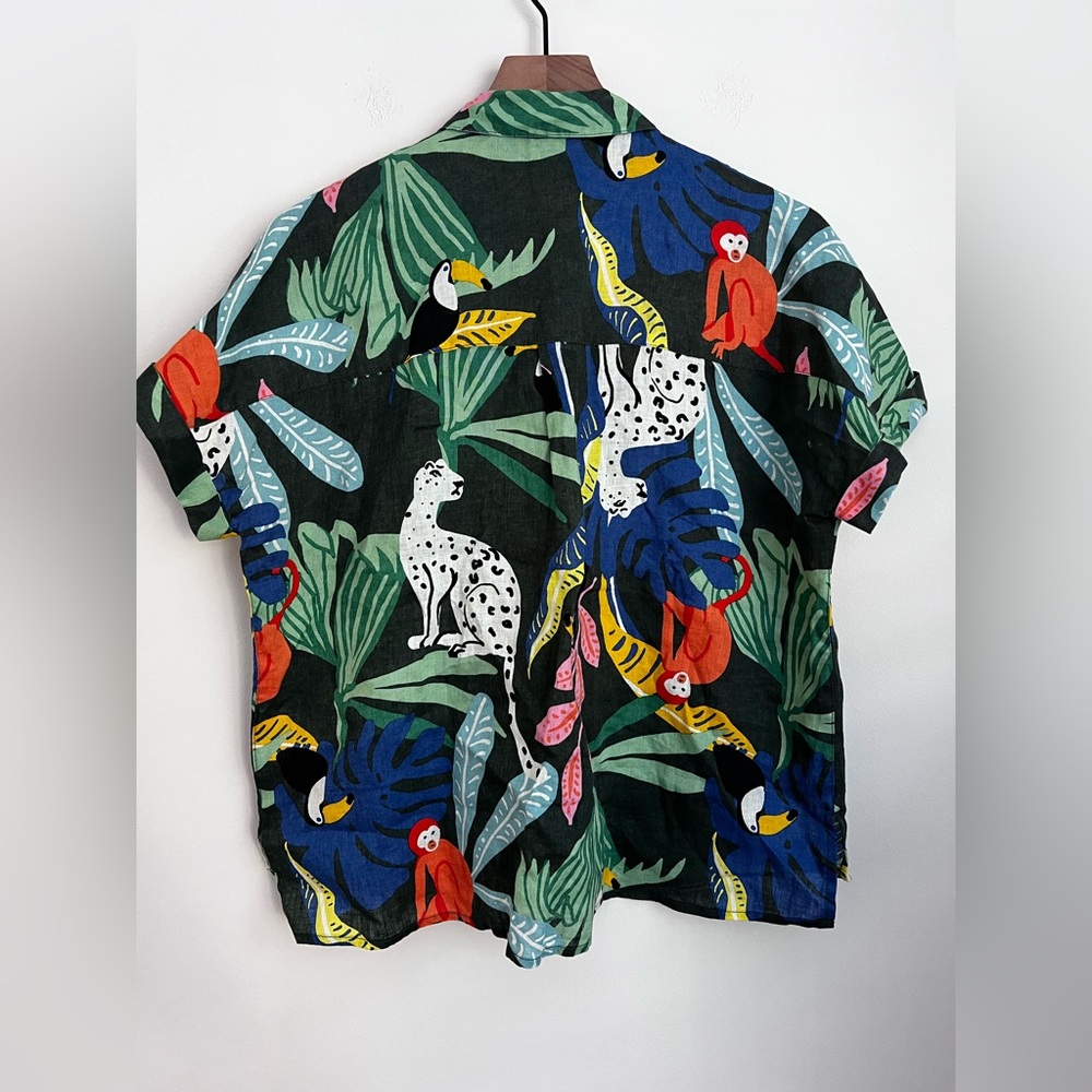 Christian Siriano Linen button up shirt short sleeve tropical toucan bird print - Picture 2 of 5